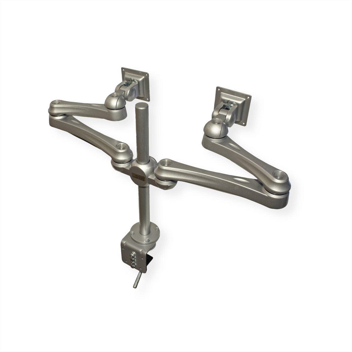 A silver dual monitor arm on a white background.