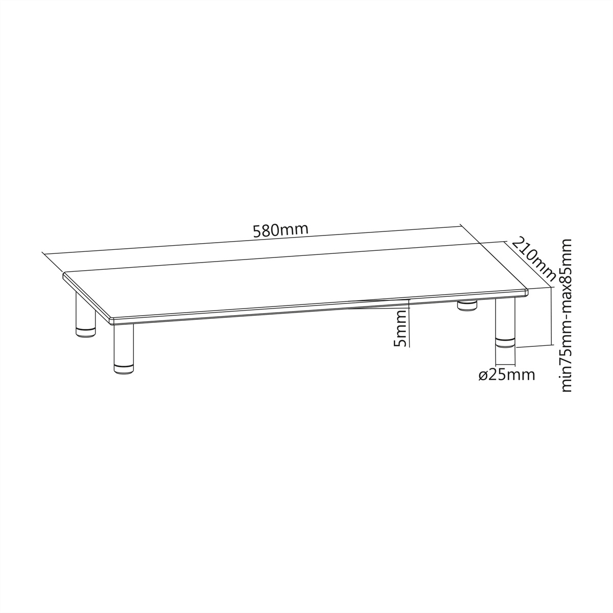 Ein weißer Tisch mit vier zylindrischen Beinen. Abmessungen: 580mm Länge, 210mm Breite und 75-85mm Höhe.