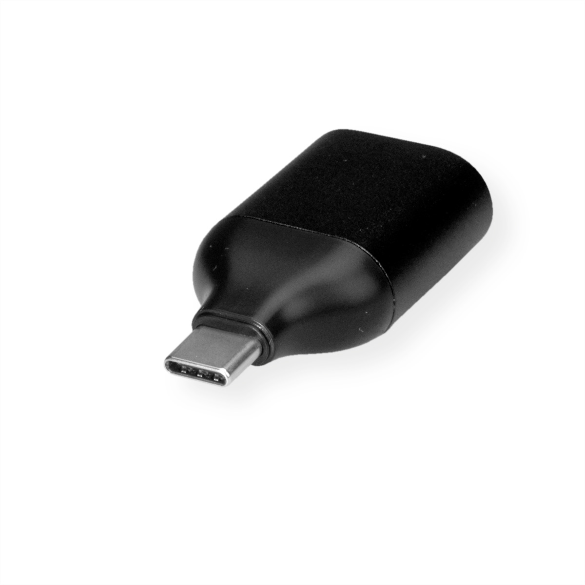 Adaptateur USB-C noir avec connecteur USB-C sur fond blanc.