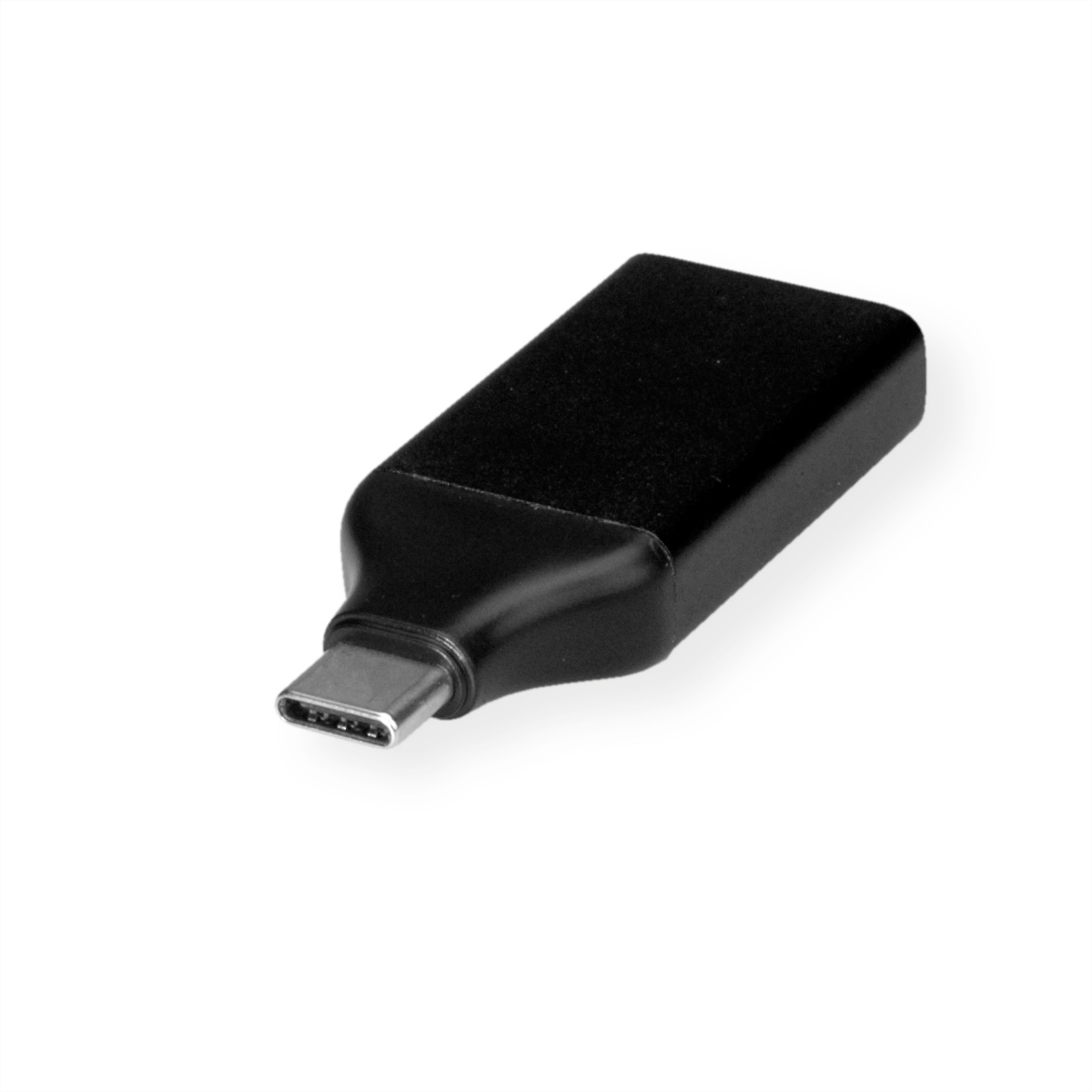 Schwarzer USB-C-Adapter. Er ist rechteckig mit einem USB-C-Anschluss.