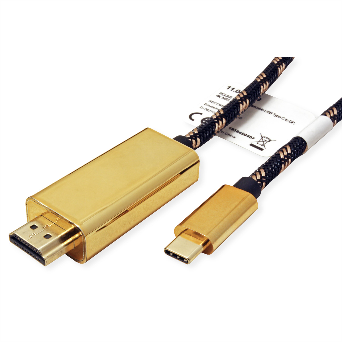 Gold and black HDMI to USB-C cable. The cable is on a white surface.