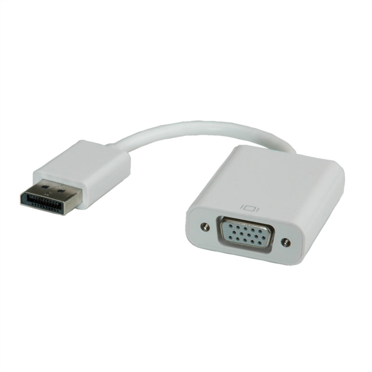 Adaptateur VGA vers DisplayPort blanc, avec câble et connecteurs blancs.
