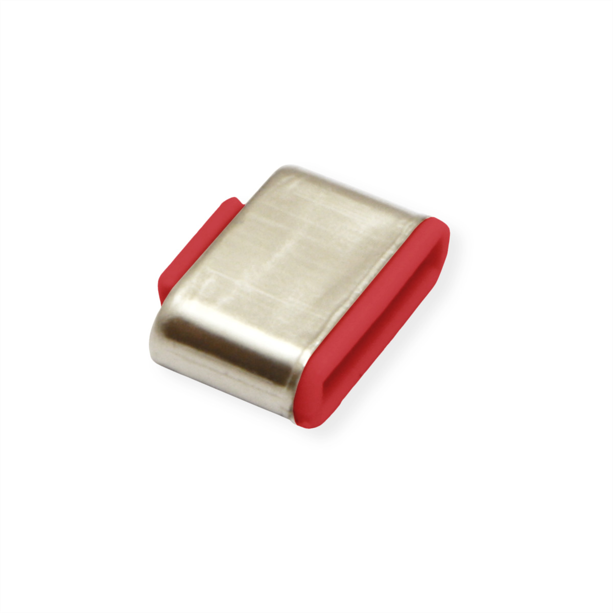 Silberner Metallclip mit roten Gummikanten auf weißem Hintergrund.