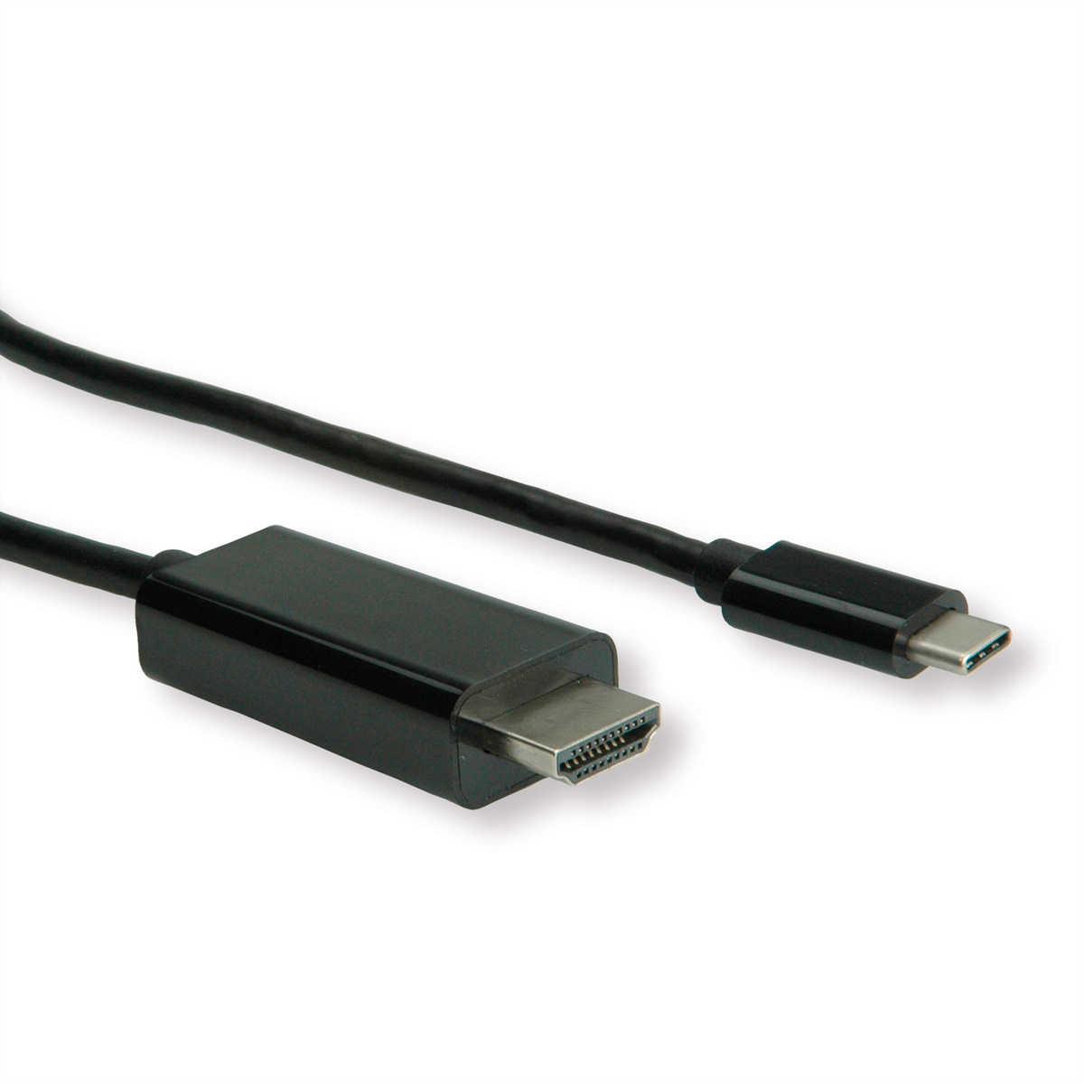 Un câble HDMI vers USB-C noir avec des connecteurs noirs sur fond blanc, vue isolée.