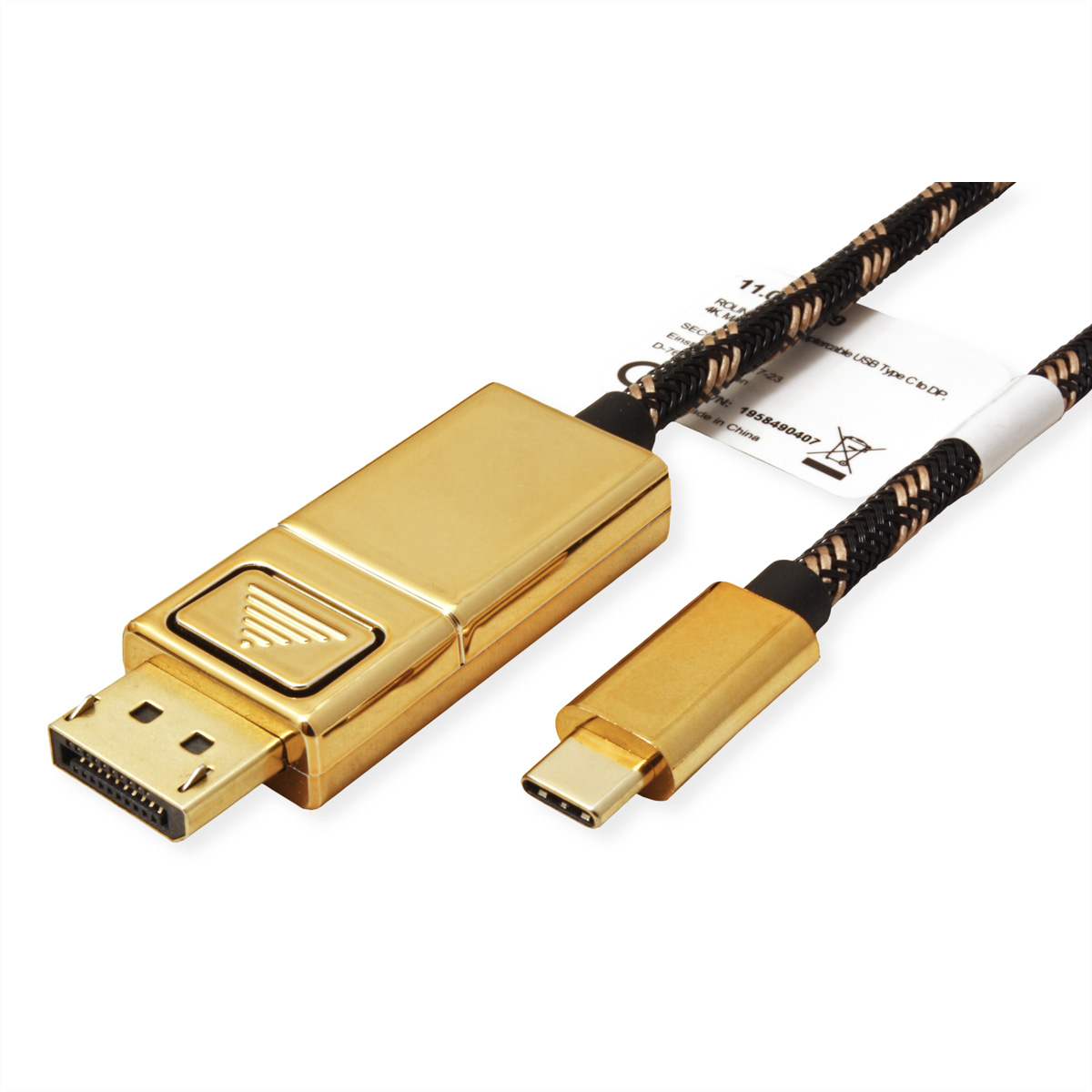 Gold DisplayPort to USB-C cable. White background.