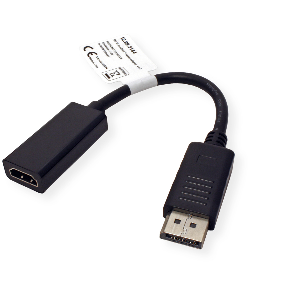 Schwarzes HDMI-zu-DisplayPort-Adapterkabel mit weißem Etikett auf weißem Grund.