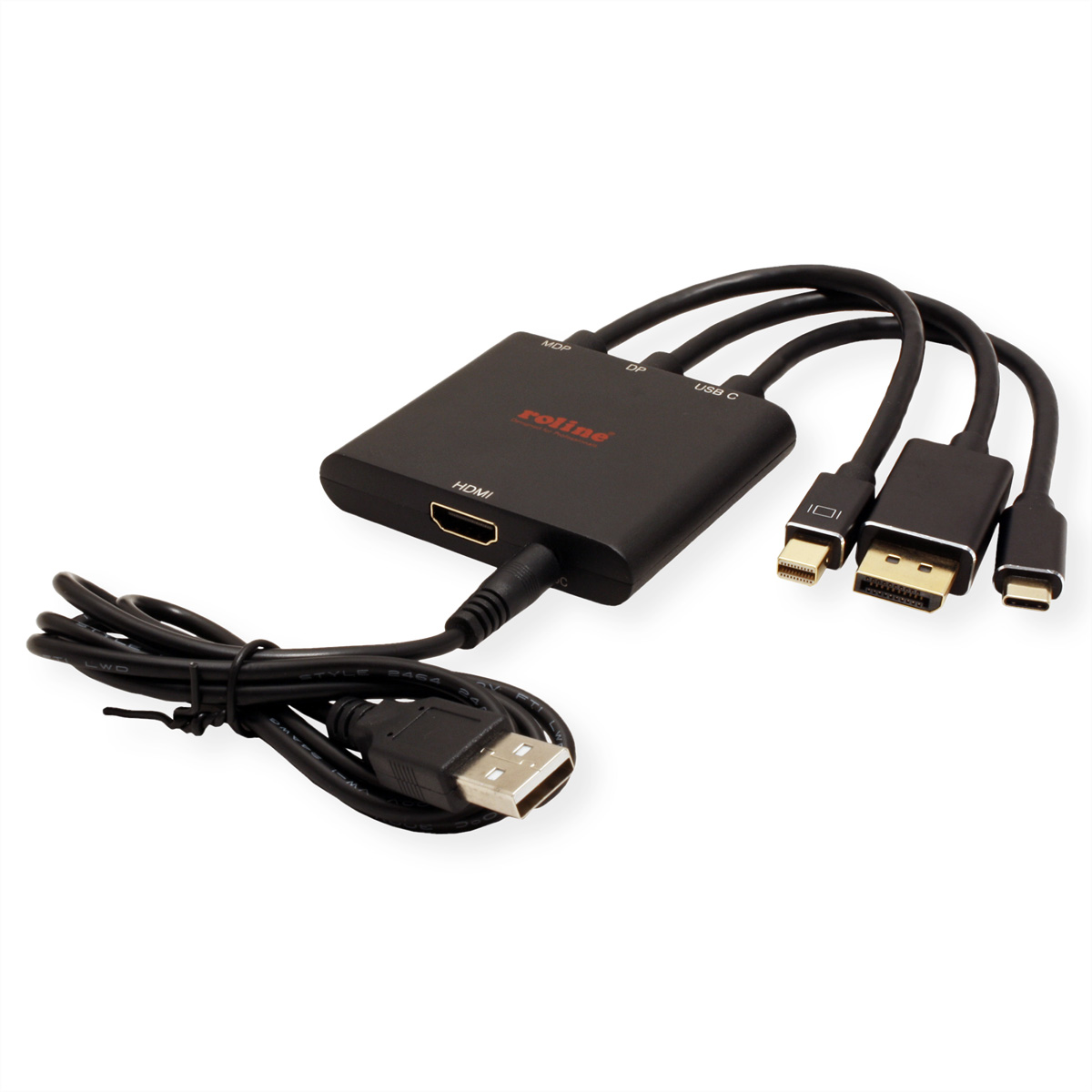Adaptador negro con puertos HDMI, USB-C, DP y MiniDP y cable USB. Fondo blanco.
