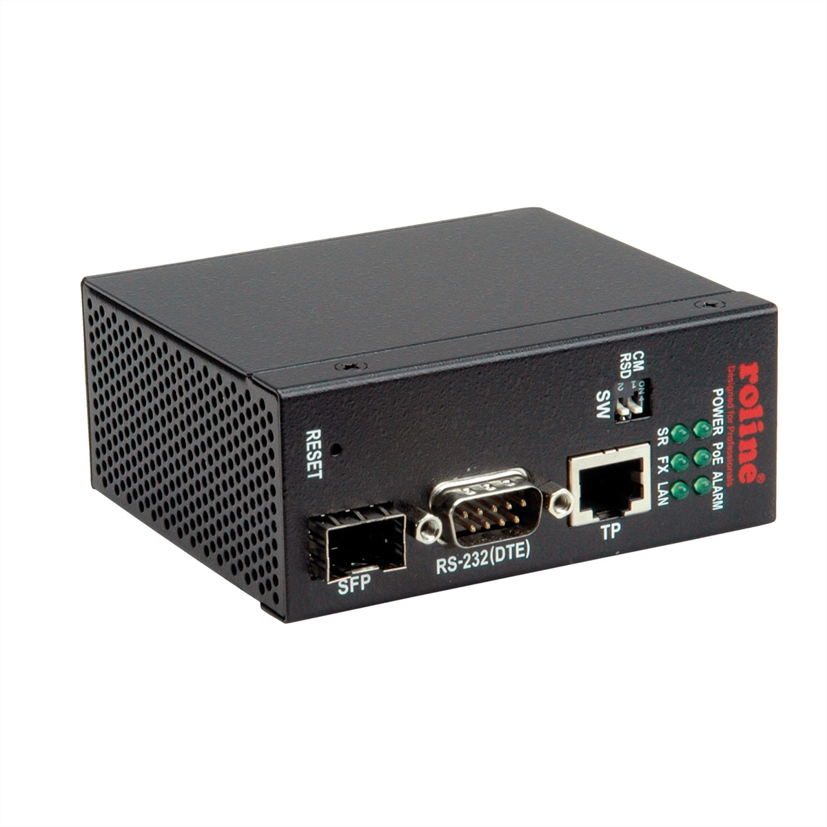 Schwarzer Roline Power PoE Alarm. Hat verschiedene Anschlüsse und Lichter.