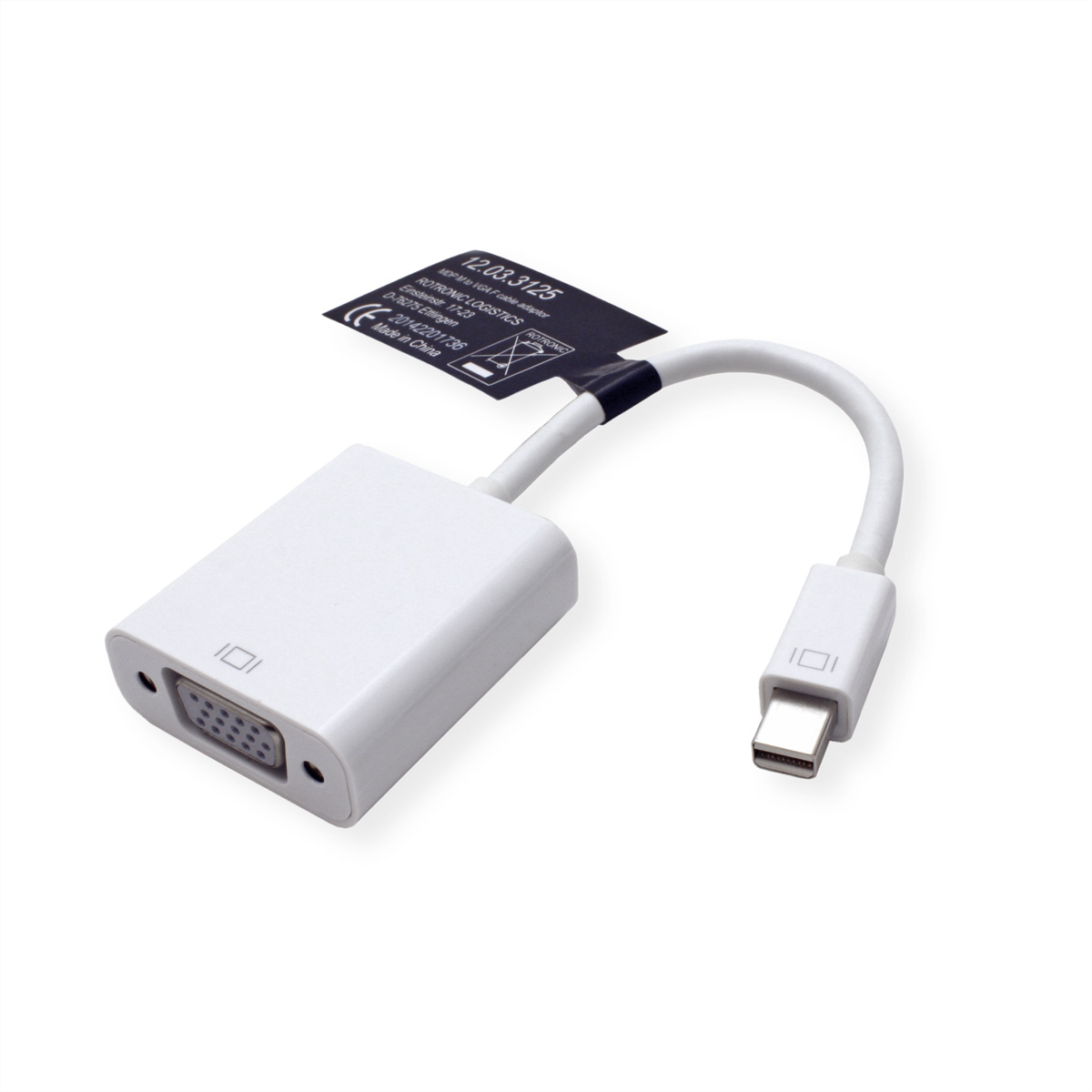 Adaptateur blanc avec port VGA et connecteur USB-C, avec une étiquette.