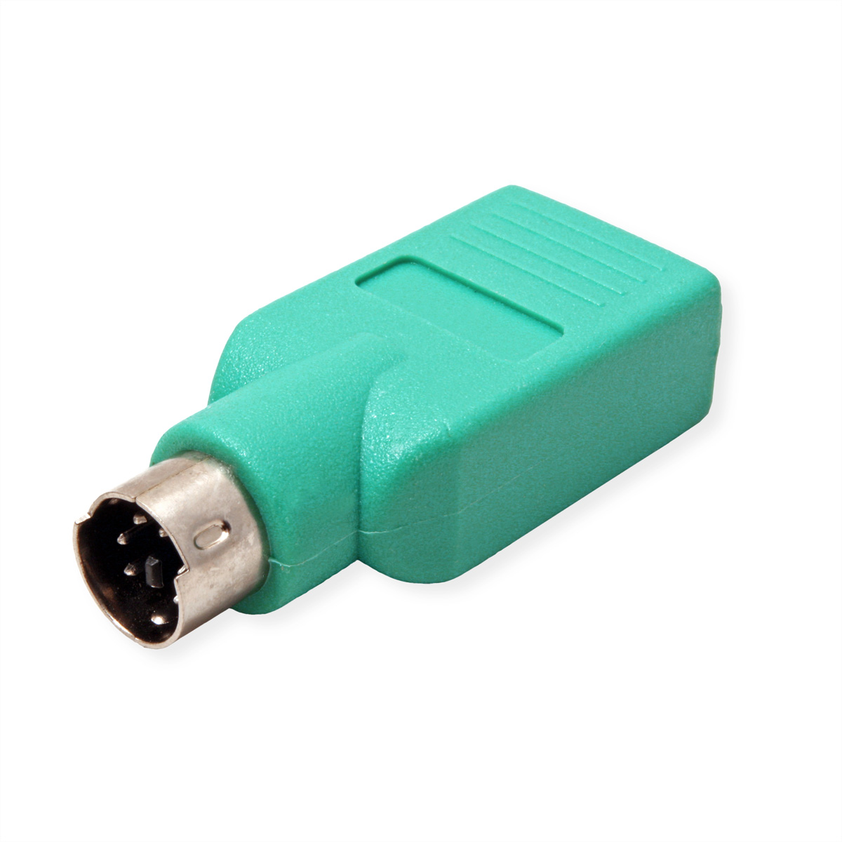 Green PS/2 adapter with male connector. It is on a white background.