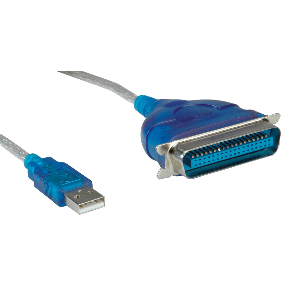 Ein blaues USB-zu-Parallelport-Kabel auf weißem Untergrund.