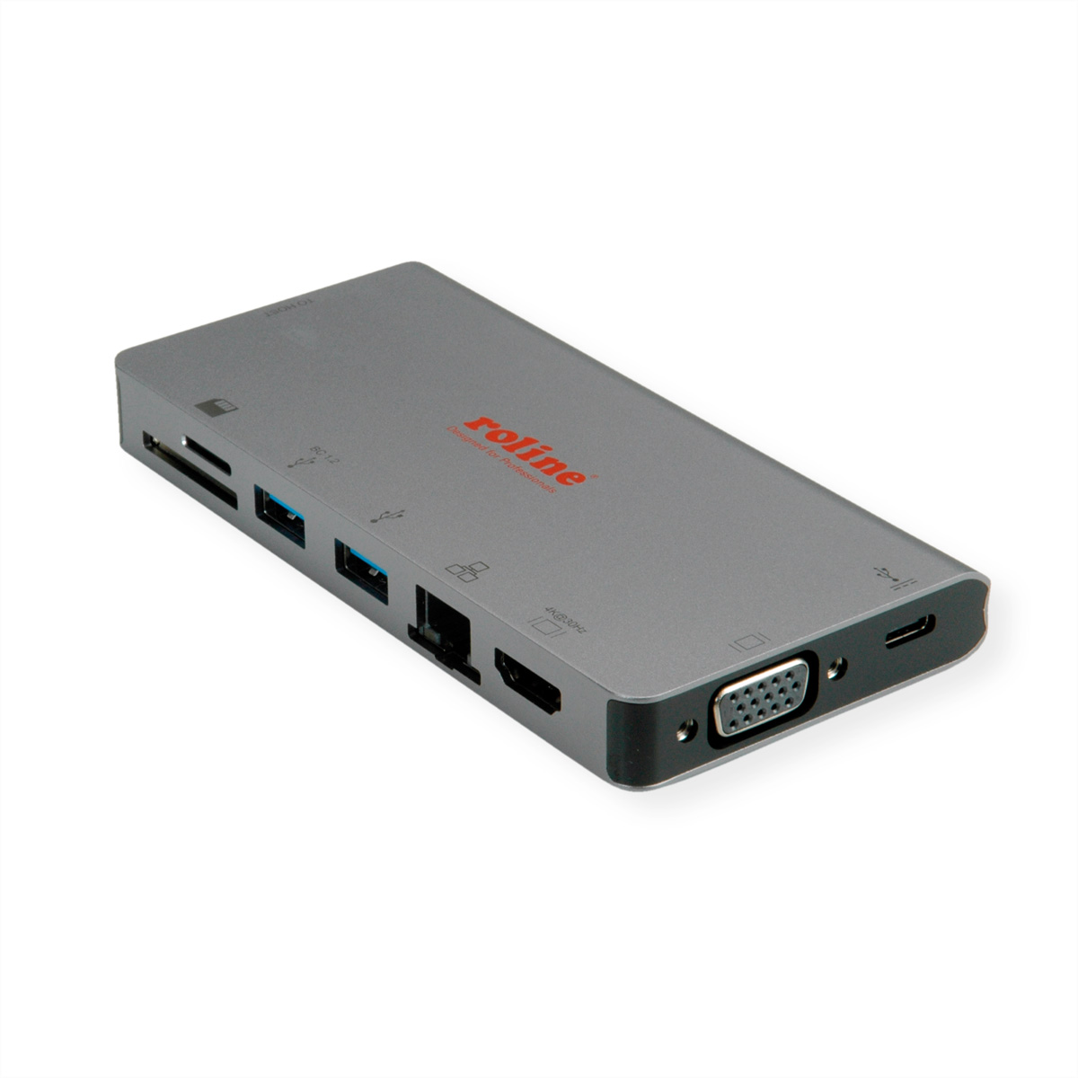 Ein grauer Roline-Hub mit mehreren Anschlüssen, darunter USB, HDMI und VGA.