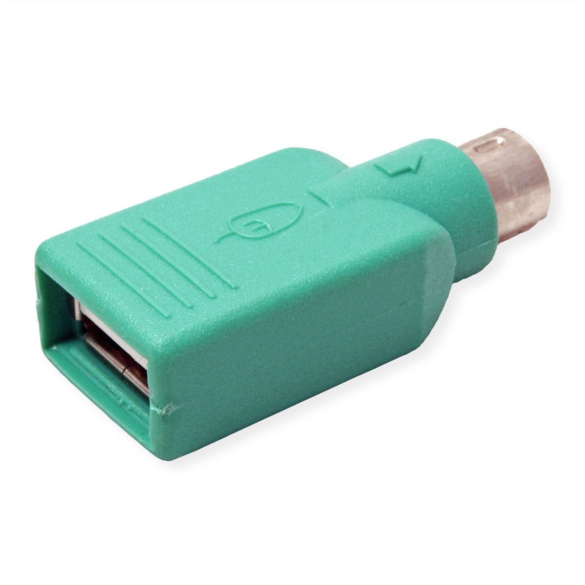 A green USB to PS/2 adapter.