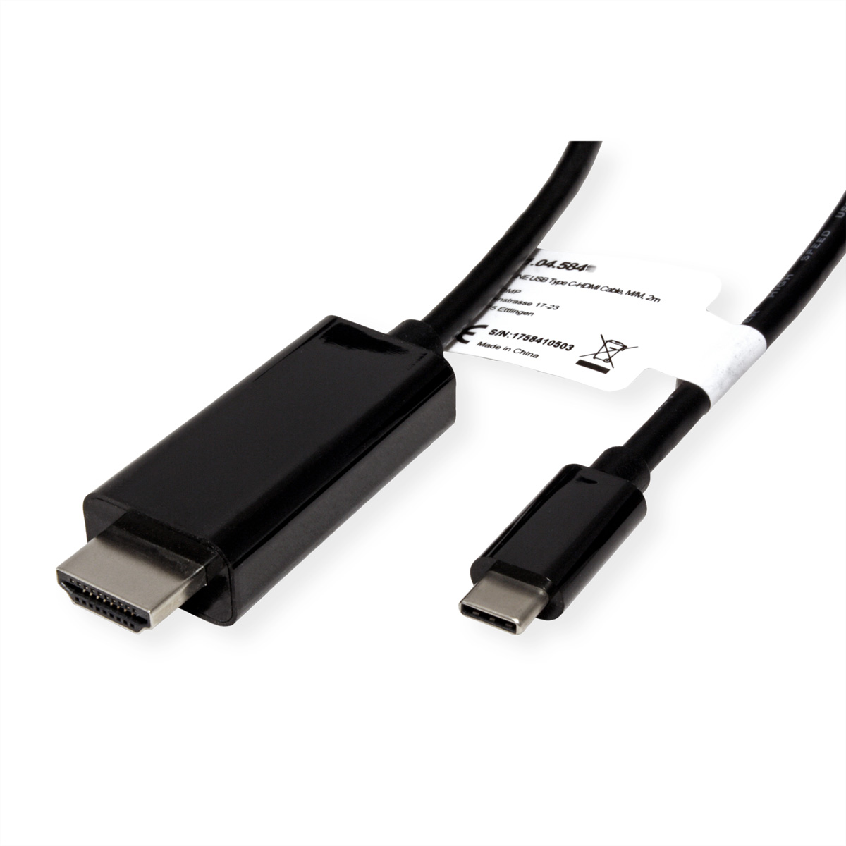 Câble HDMI vers USB-C noir avec une étiquette attachée.
