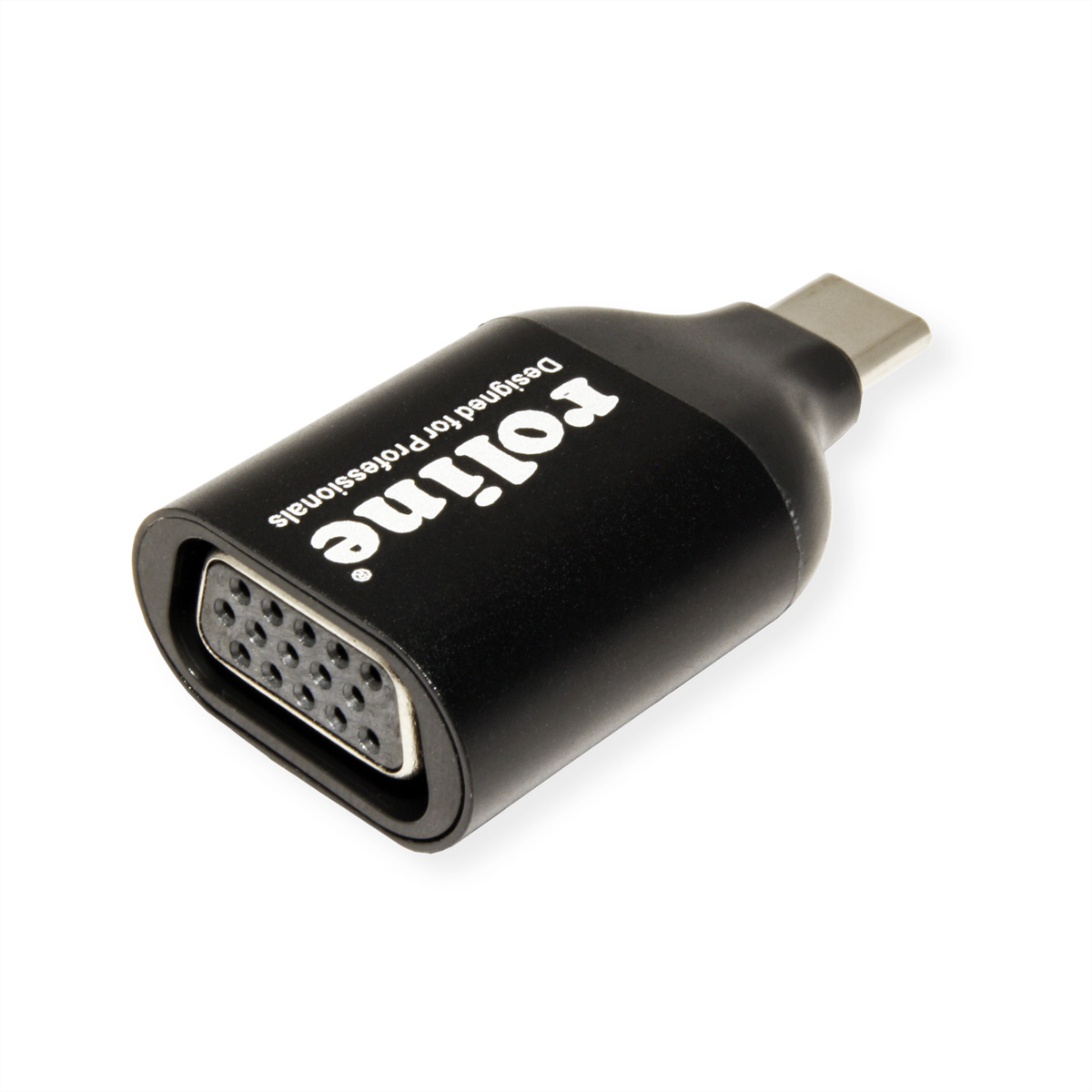 Adaptateur noir avec port VGA et connecteur USB-C, fond blanc, l'adaptateur est étiqueté.