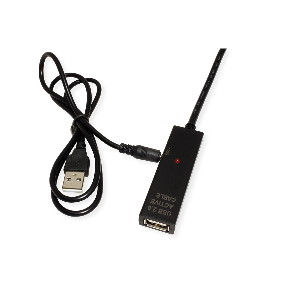 Câble actif USB 2.0 noir avec connecteur USB et connecteur d'alimentation. Fond blanc.