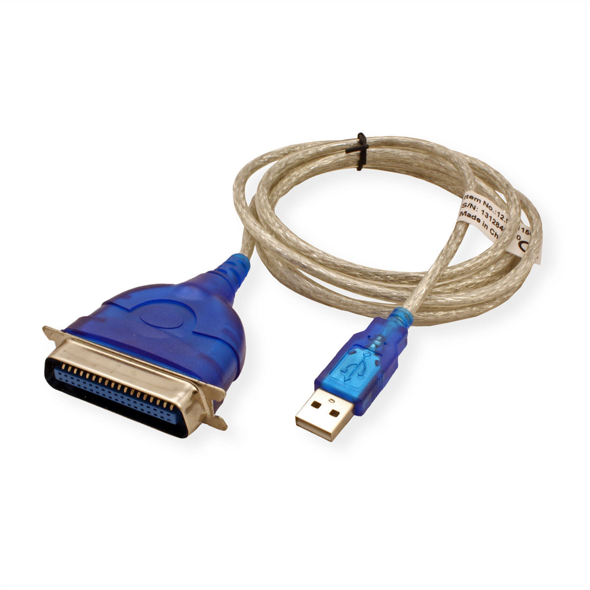 Blaues und weißes Kabel mit USB-Anschluss und Druckeranschluss.