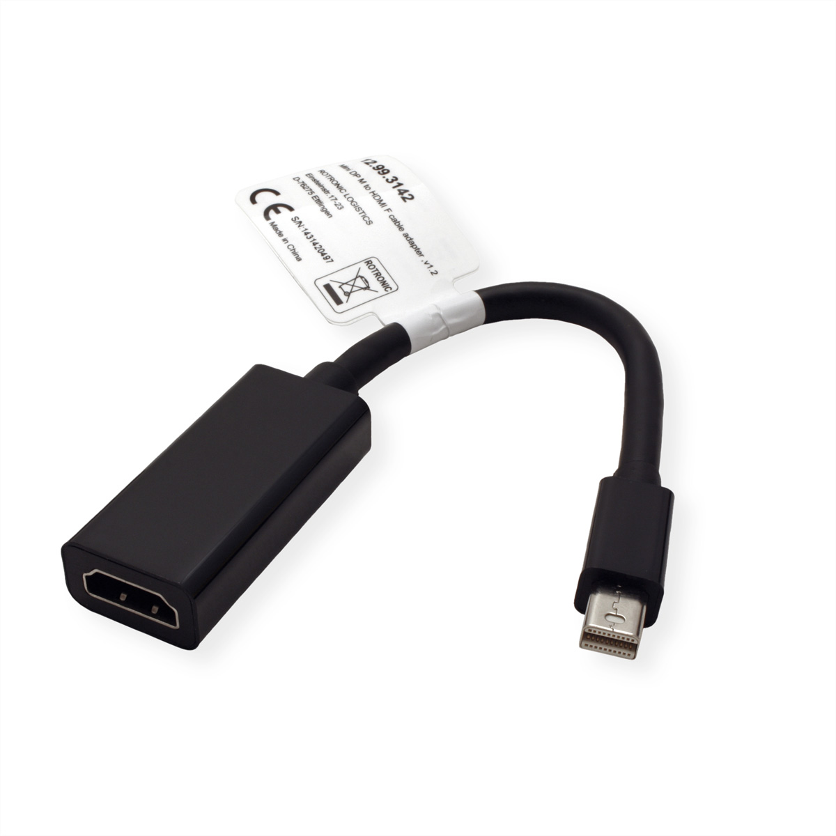 Schwarzer HDMI-zu-Mini-HDMI-Kabeladapter. Das Kabel liegt auf weißem Hintergrund. Das Etikett zeigt Produktinformationen.