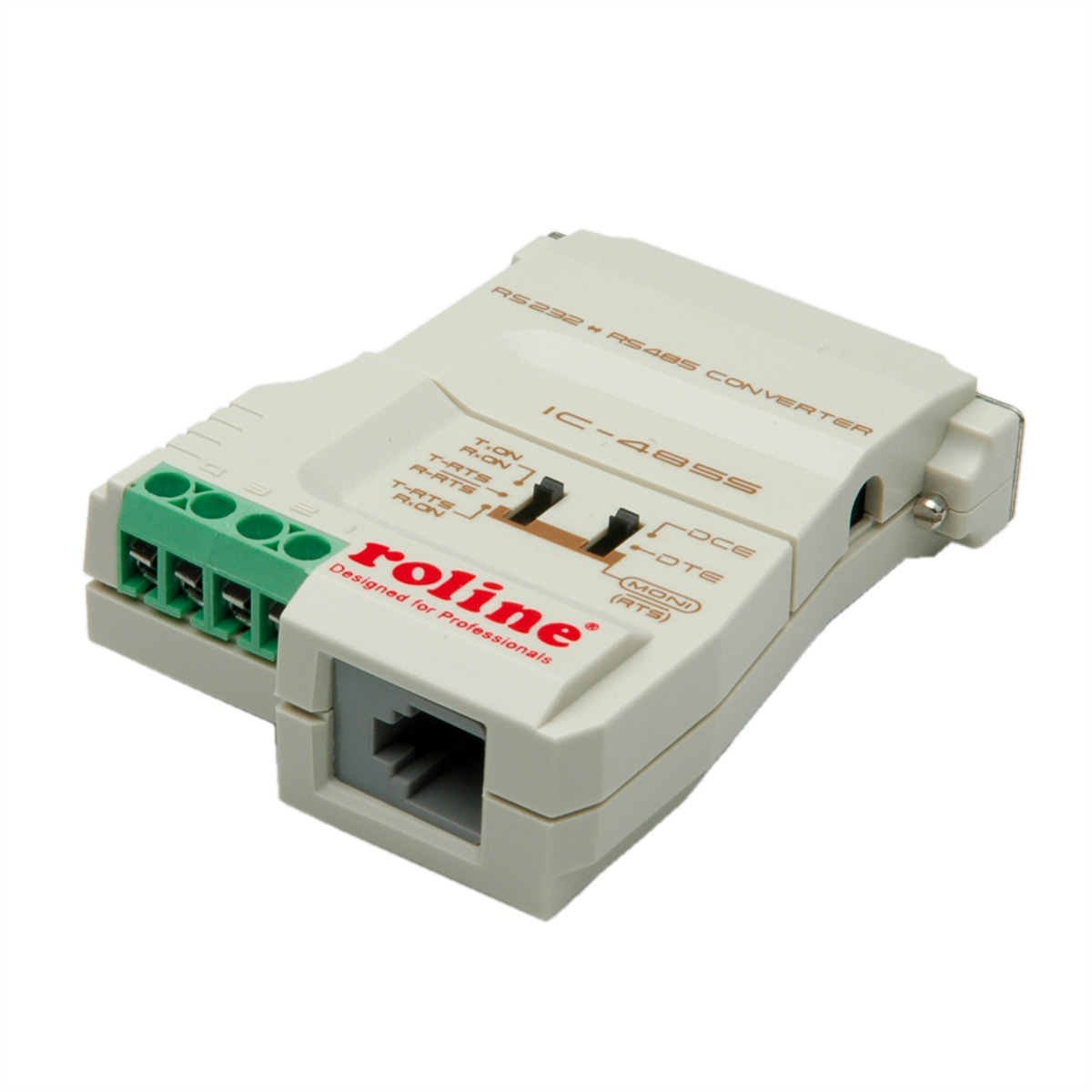 Gray electronic device with connectors. White background. The product is Roline.