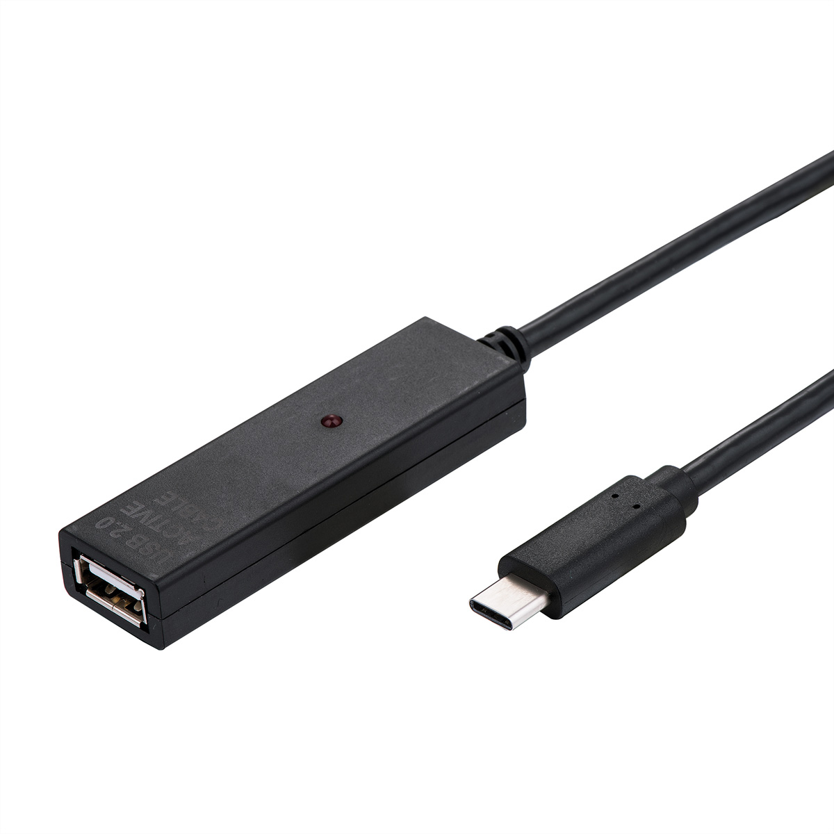 Câble actif USB 2.0 noir avec connecteurs USB-A et USB-C, fond blanc.