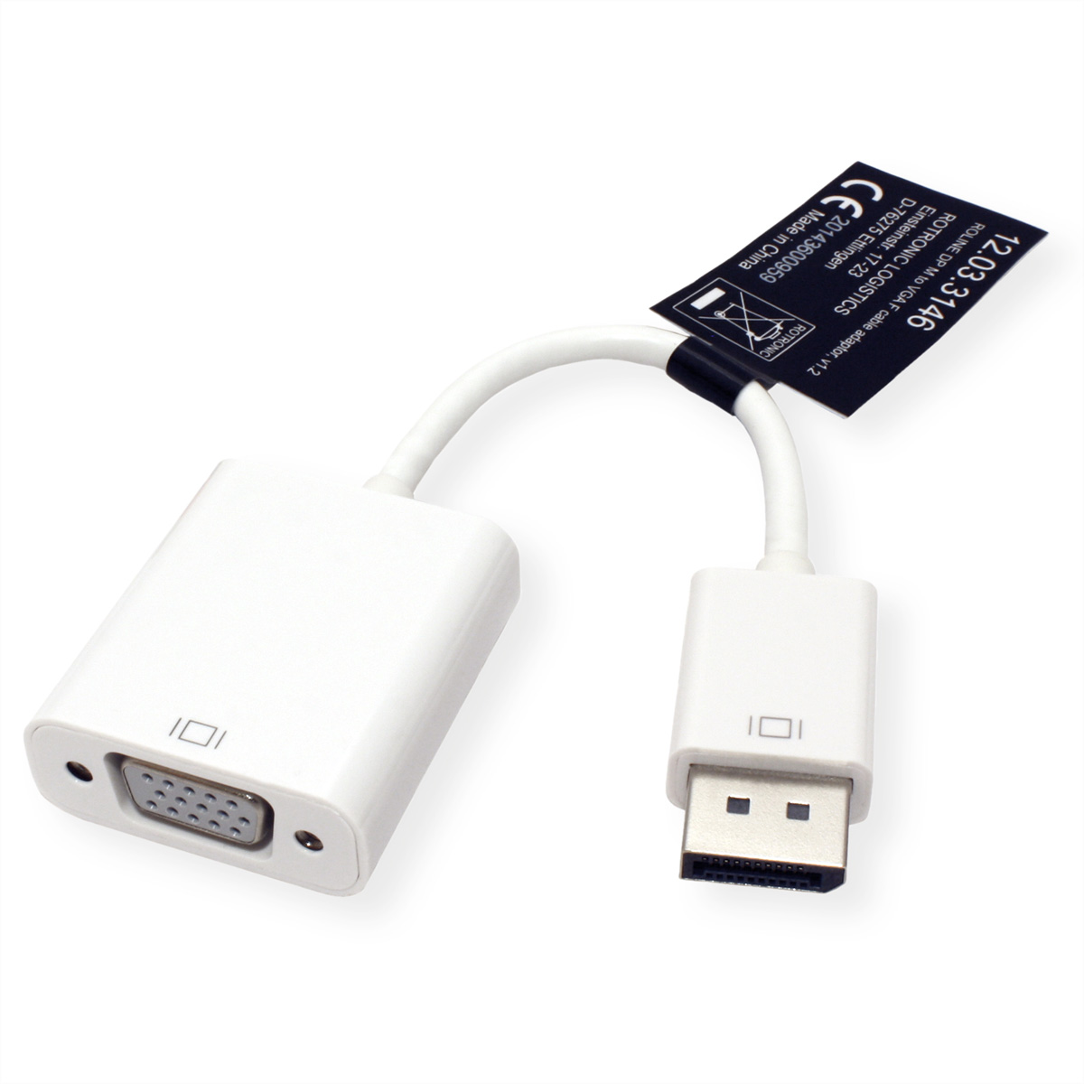 Witte adapter met VGA- en DisplayPort-connectoren en een productlabel.
