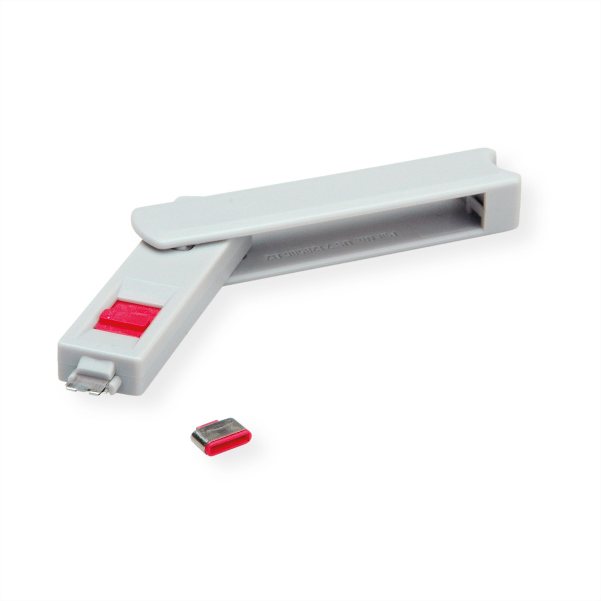 Agrafeuse à câble grise avec gâchette rouge et une agrafe.