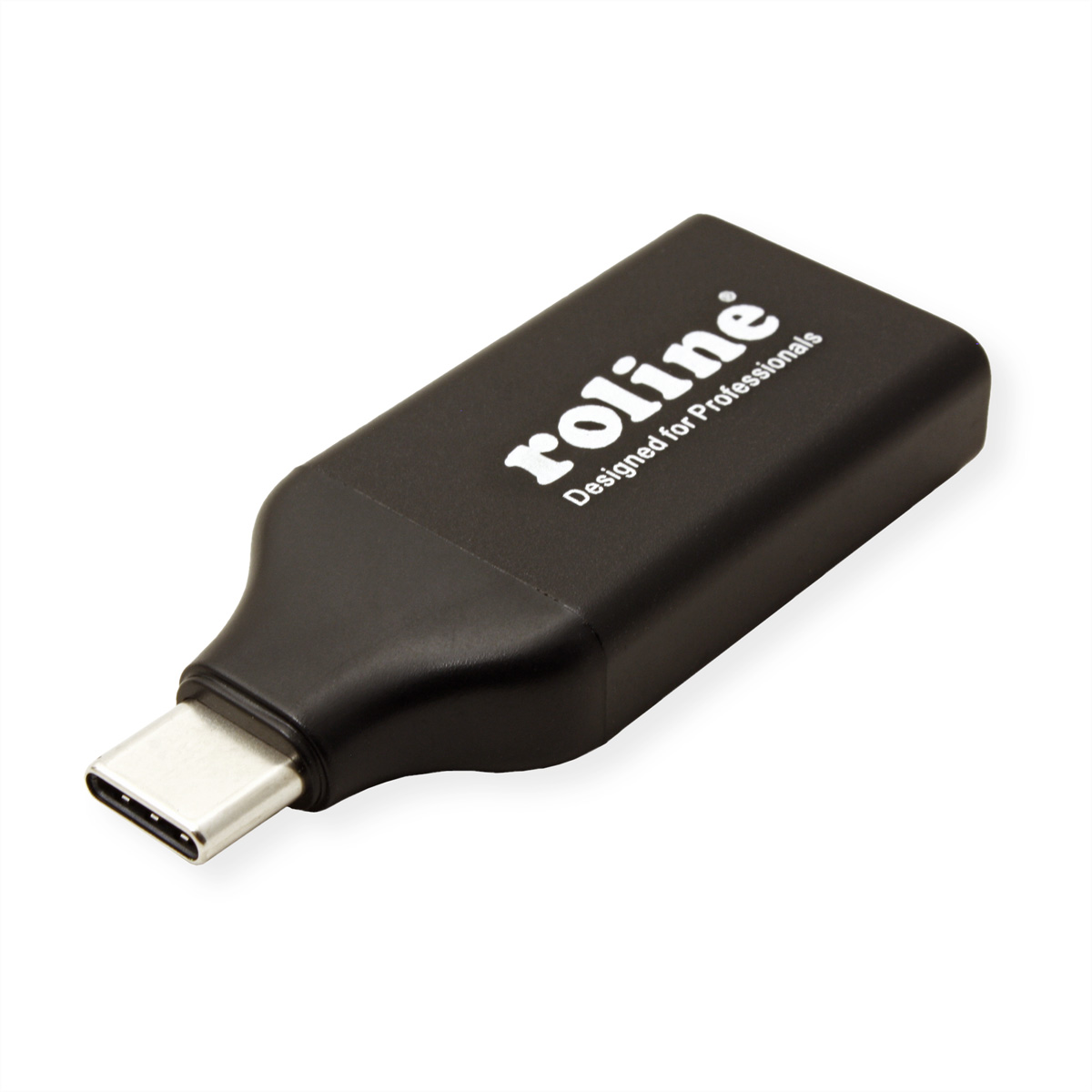 Schwarzer USB-C-zu-USB-C-Adapter mit dem Wort 'roline' an der Seite, für Profis.