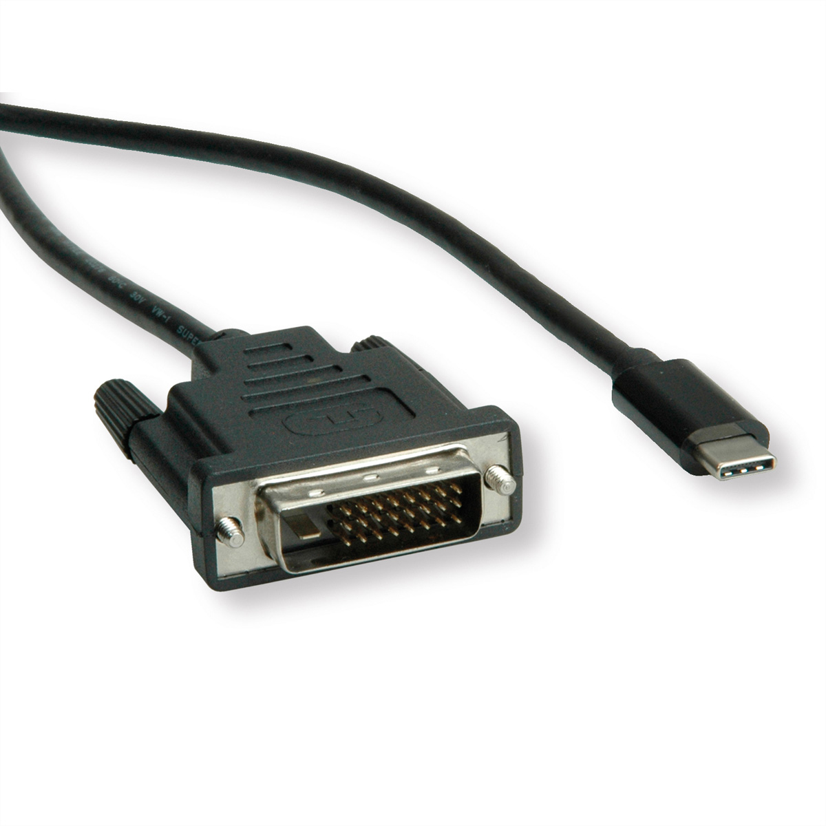 Zwarte kabel met een DVI-connector en een USB-C-connector op een witte achtergrond.
