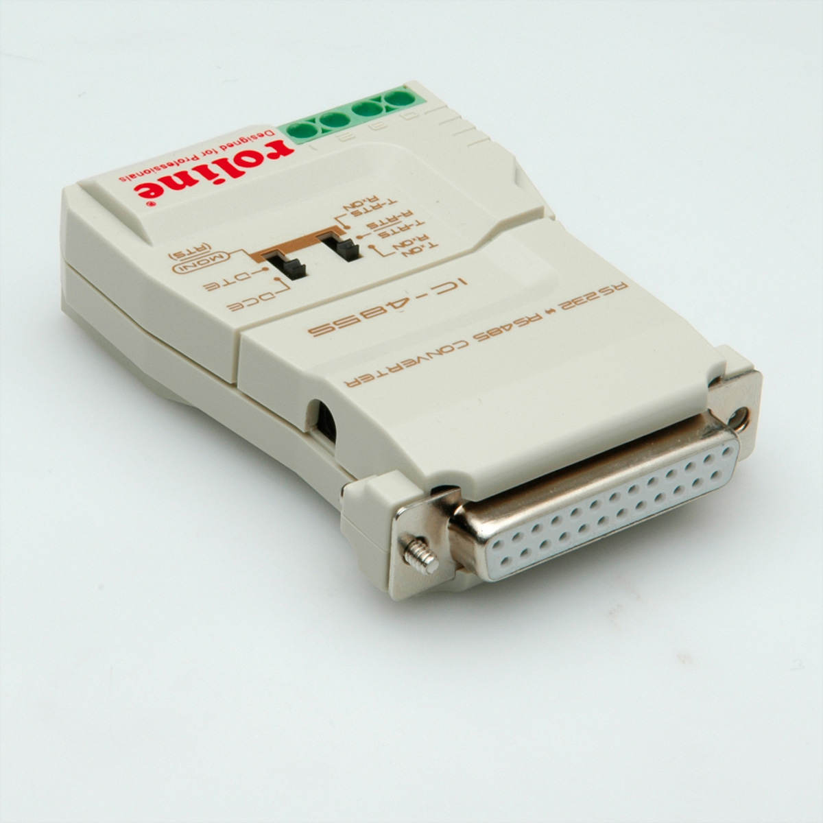 Off-white RS232 to RS485 converter with connectors, angled view.