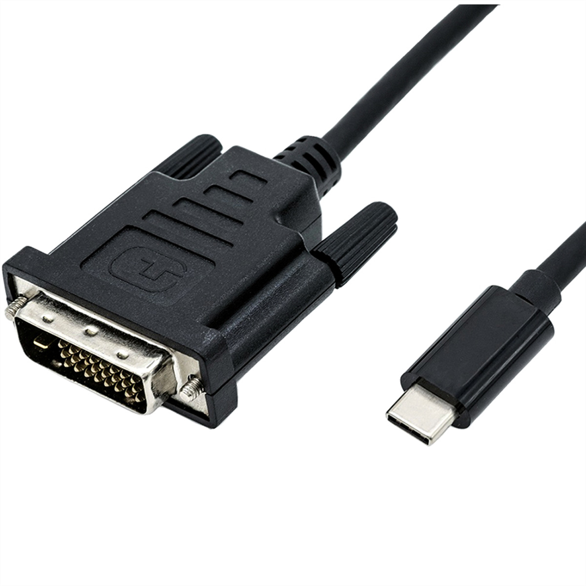 Un câble noir DVI vers USB-C. L'extrémité DVI est large avec des broches, l'USB-C est petit et rectangulaire.