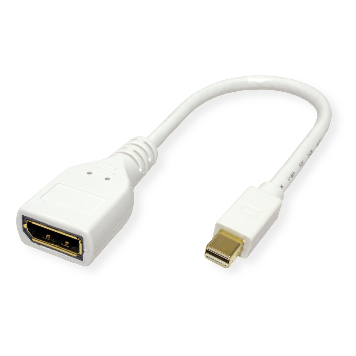 Câble adaptateur DisplayPort vers Mini DisplayPort blanc. A une extrémité droite et une coudée.