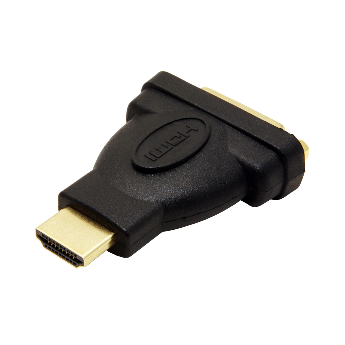 Zwarte HDMI naar DVI adapter. Gouden connectoren, zwarte plastic behuizing, witte achtergrond.