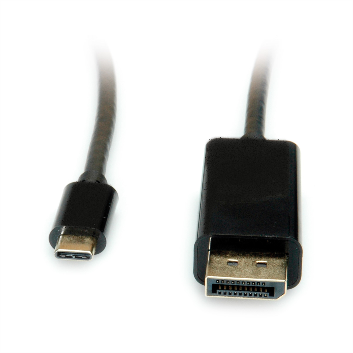 Un câble USB-C vers DisplayPort, noir, avec connecteurs aux deux extrémités.