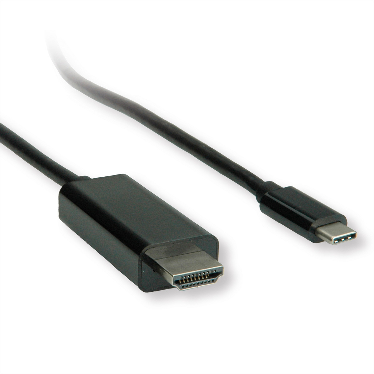 Zwarte HDMI naar USB-C kabel op witte achtergrond.