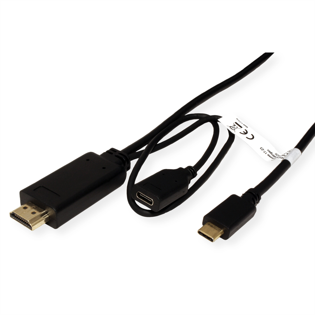 Schwarzes HDMI-zu-USB-C- und Micro-USB-Kabel mit weißem Etikett auf weißem Hintergrund.