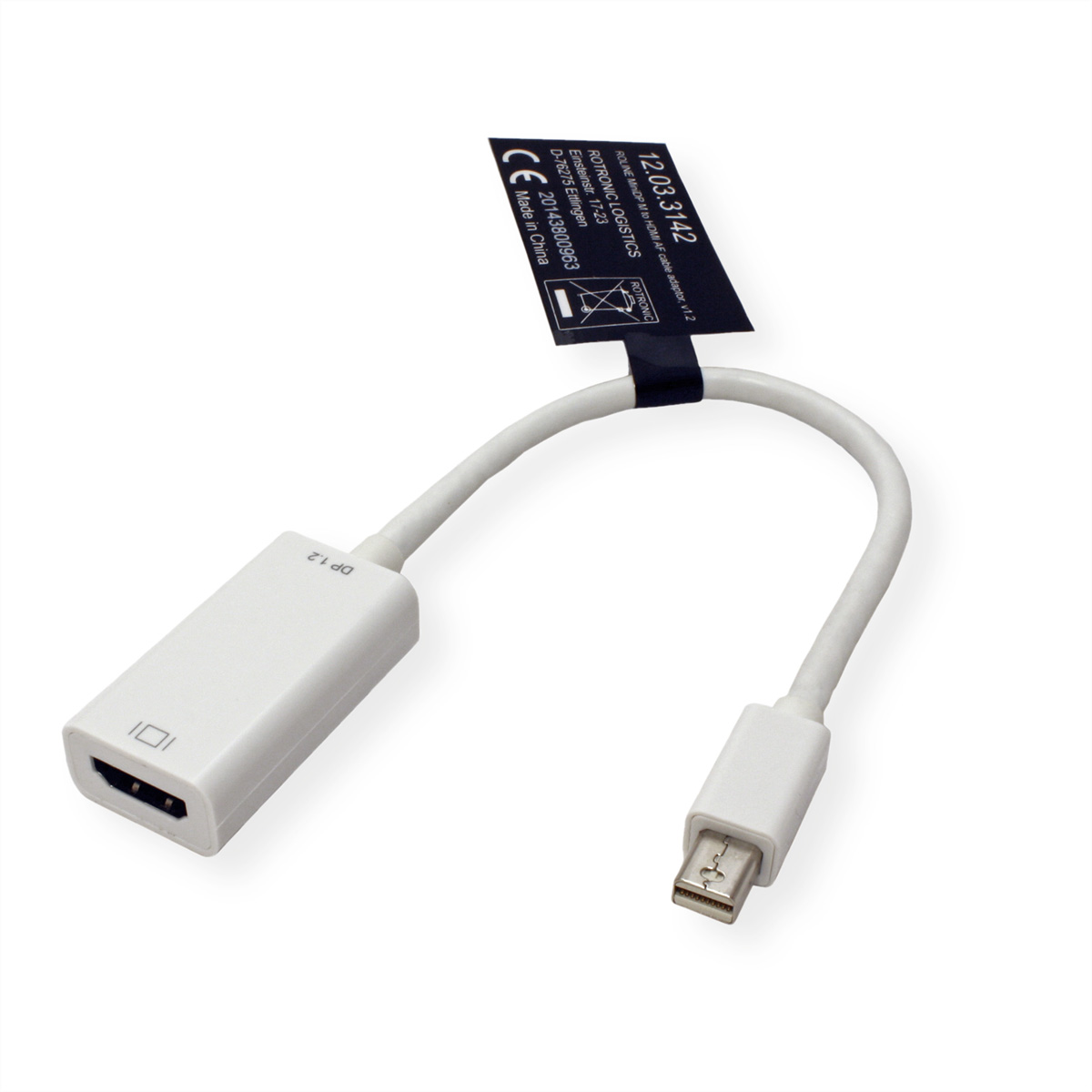 Ein weißer HDMI-zu-Mini-DisplayPort-Adapter mit Etikett, das Spezifikationen und ein schwarzes Band enthält.
