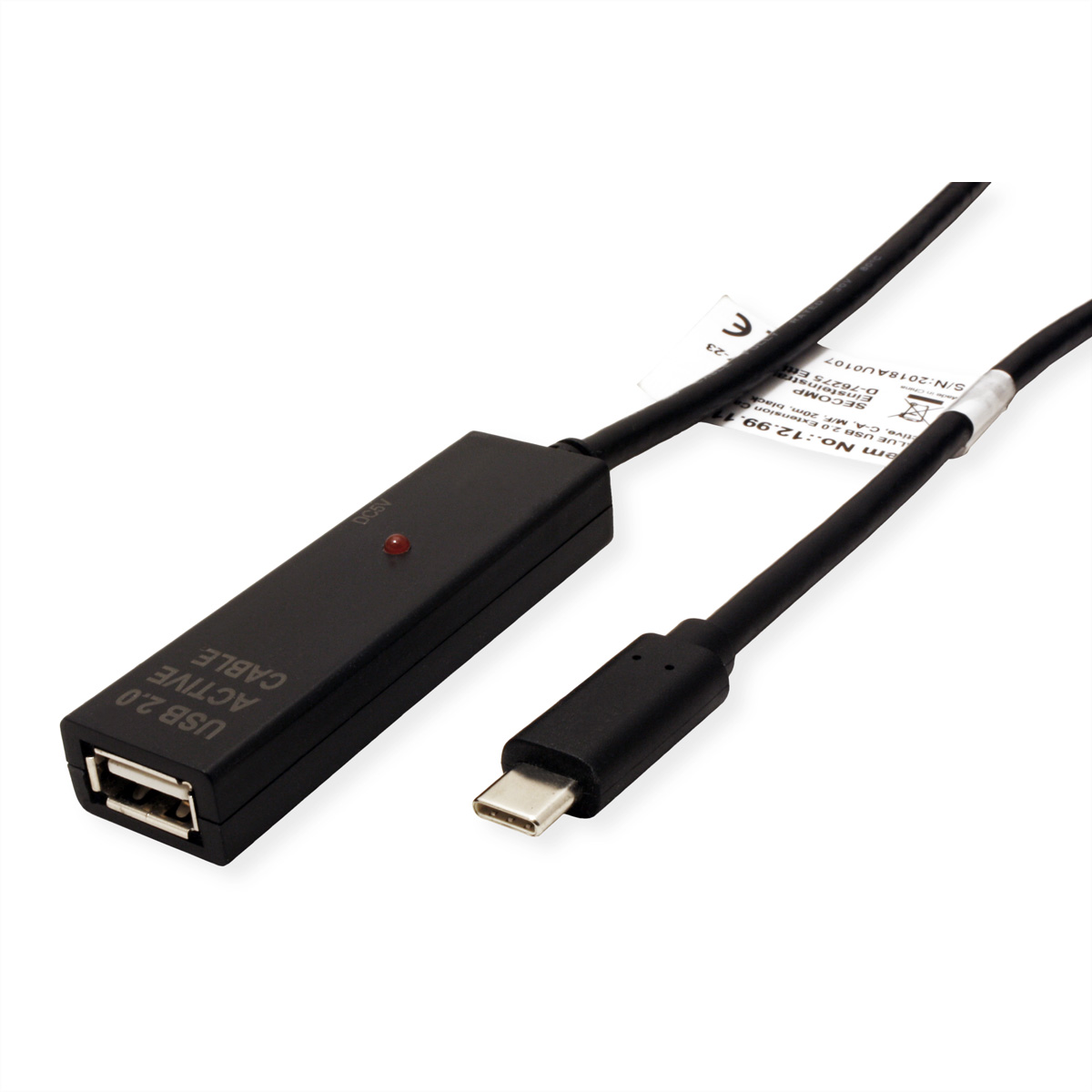 Câble actif USB 2.0 vers USB-C noir. Le câble est sur fond blanc.