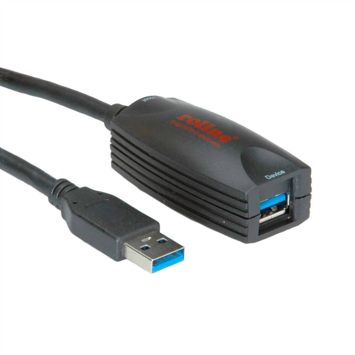 Schwarzes USB-Verlängerungskabel. USB-A-Anschluss links, USB-A-Geräteanschluss rechts, weißer Hintergrund.