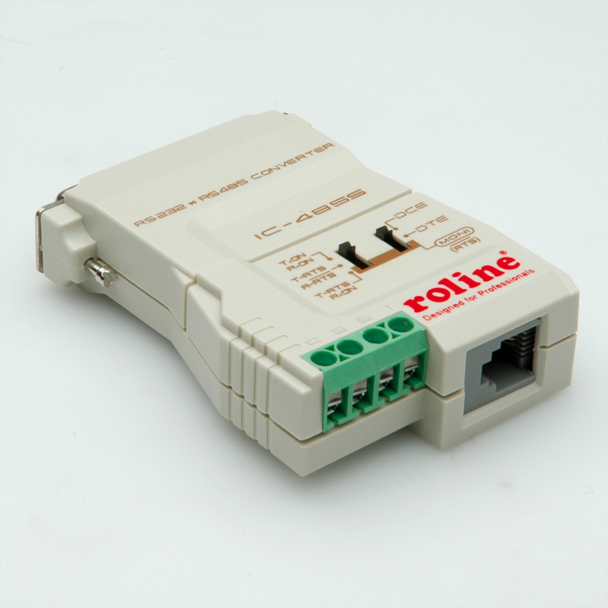 A gray RS232 to RS485 converter with green terminals and a connector.