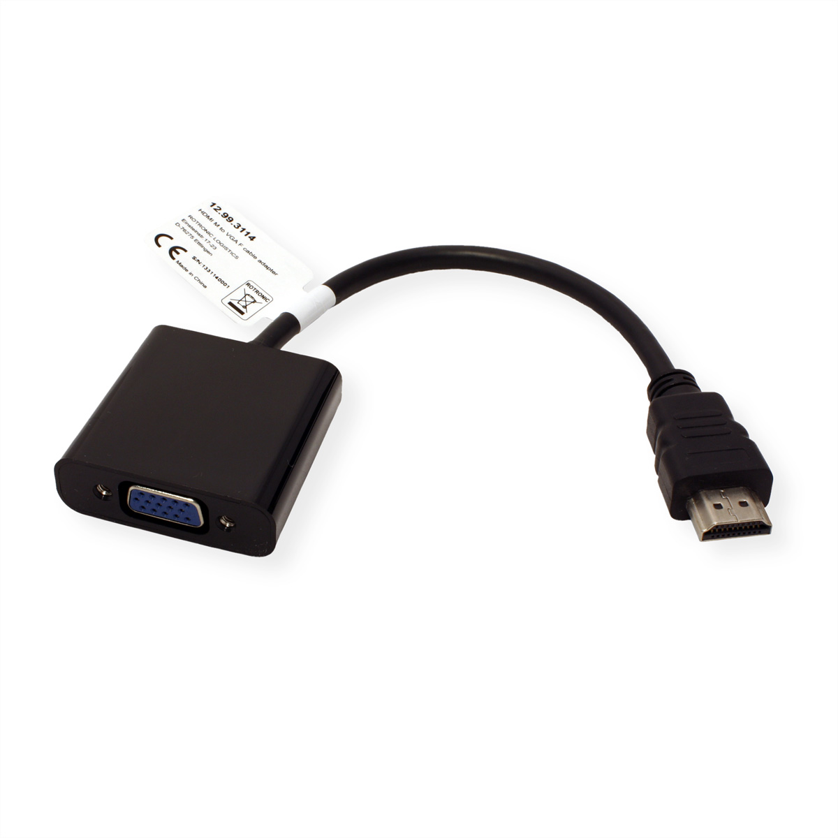 Black adapter with VGA and HDMI connectors, a white label, on a white background.