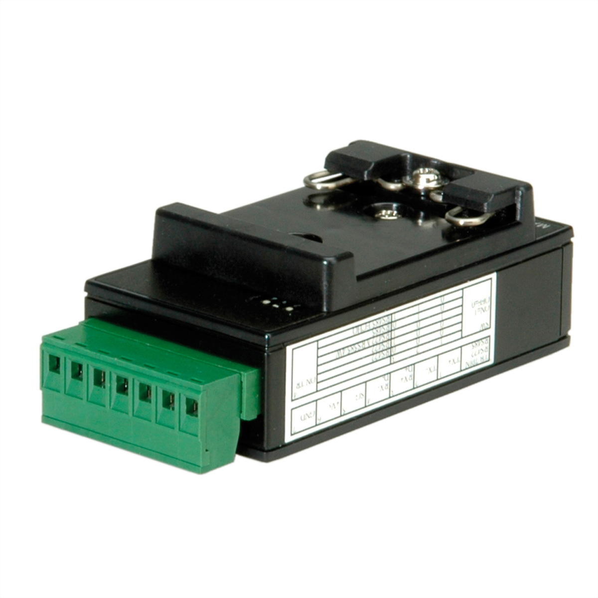 Schwarzes elektronisches Bauteil mit grünen Anschlüssen und Etiketten. Es ist rechteckig und hat mehrere Anschlüsse.