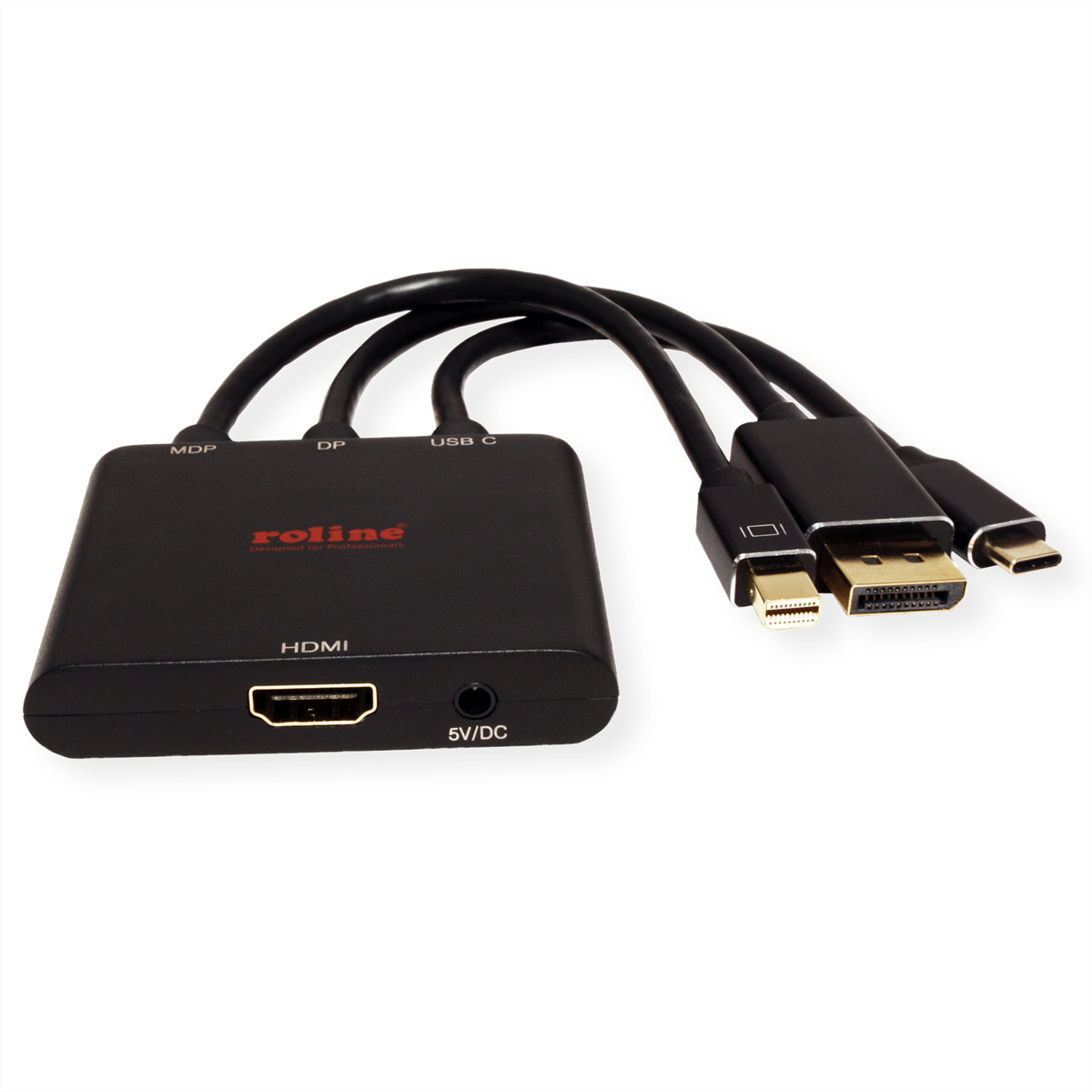 Adaptador negro con múltiples puertos. Tiene conectores HDMI, USB-C, DP y MiniDP.