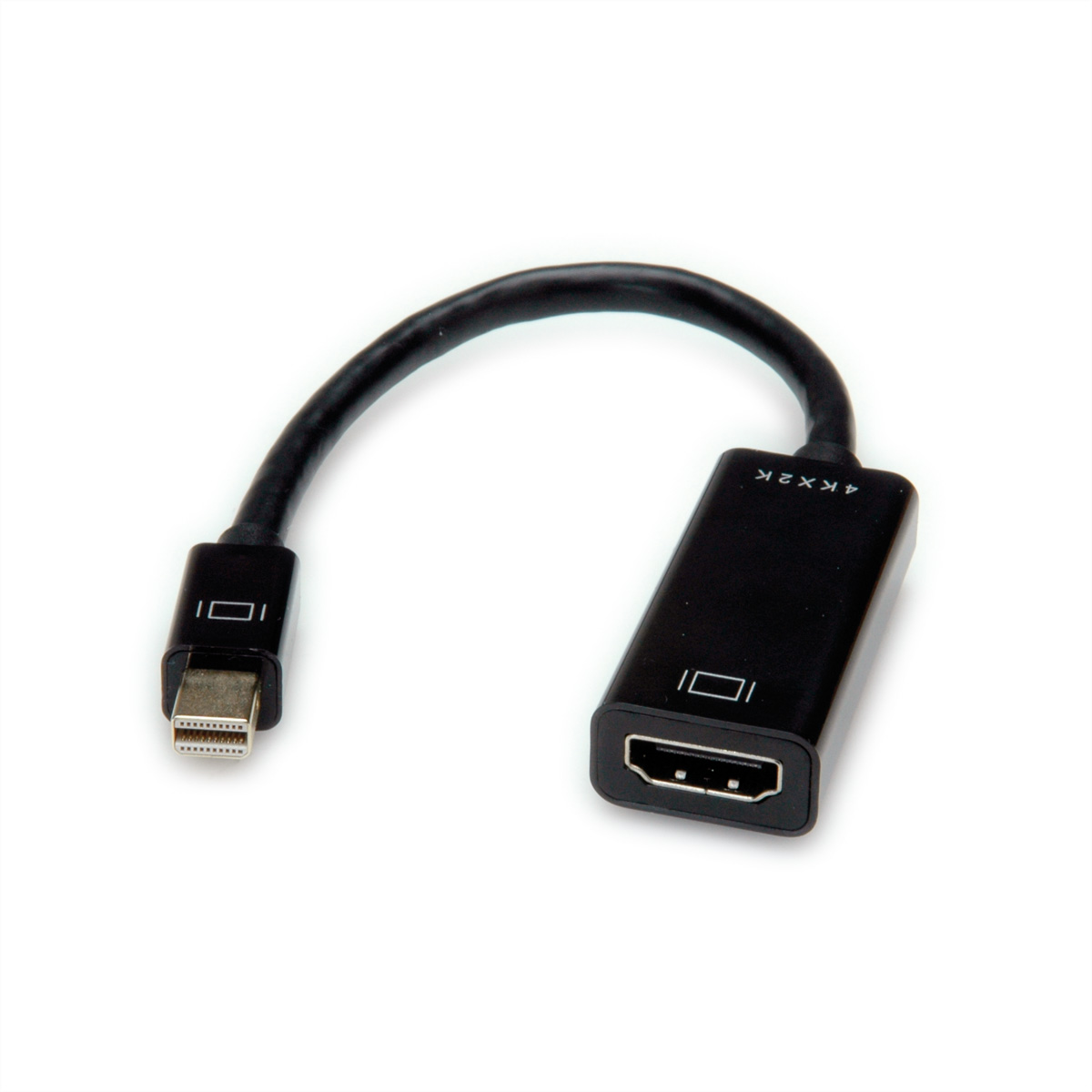 Schwarzes Mini-DisplayPort-zu-HDMI-4K-Adapterkabel auf weißem Hintergrund. Das Kabel ist gebogen.