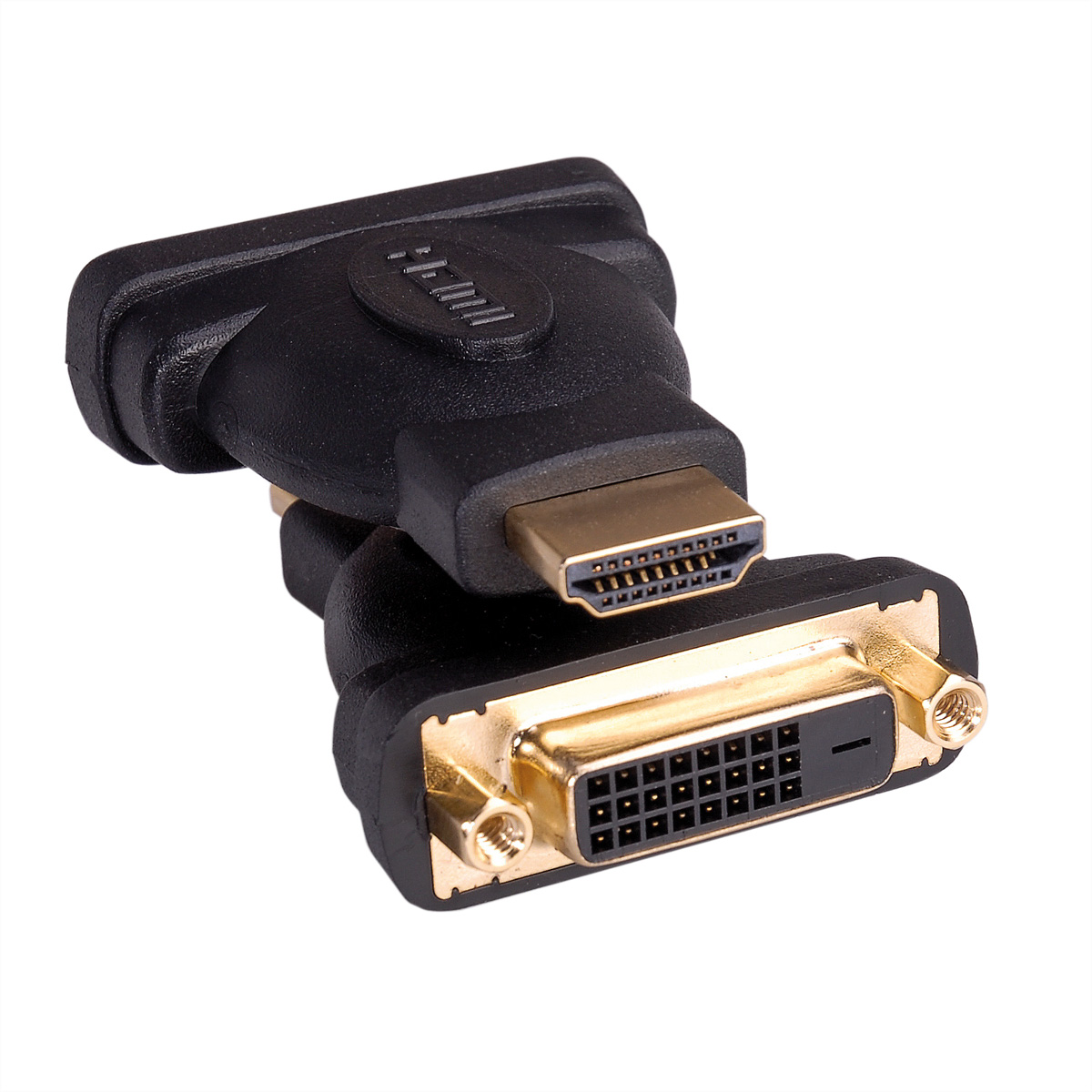 Adaptateur HDMI vers DVI noir avec connecteurs dorés, incliné sur fond blanc.