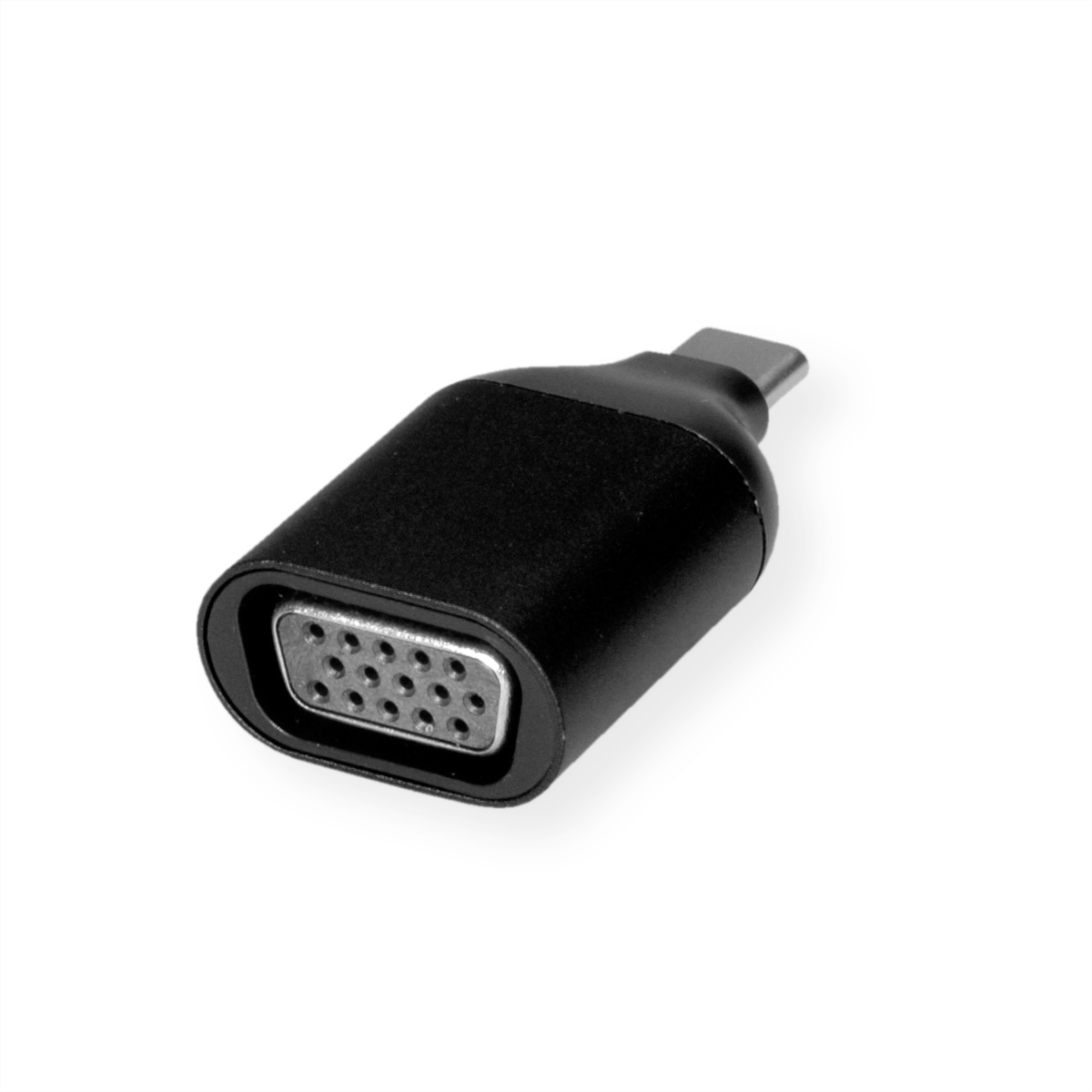 Un adaptateur noir VGA vers USB-C sur fond blanc, incliné pour montrer les ports.