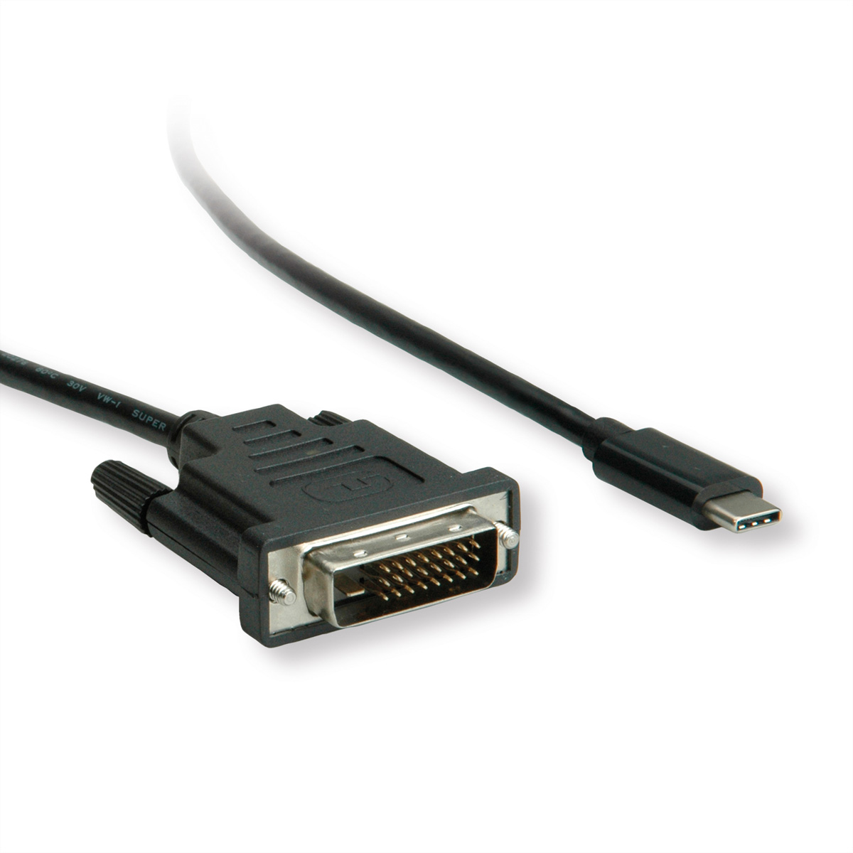 Un câble noir avec un connecteur DVI et un connecteur USB-C.