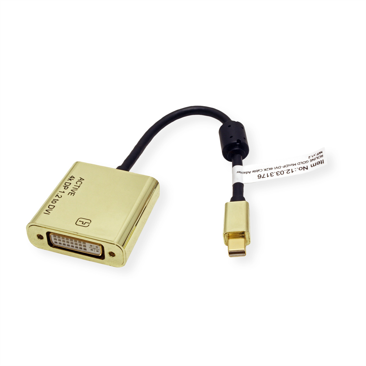 Ein goldener DVI-zu-Mini-DisplayPort-Adapter. Ein Ende ist goldfarben, das andere schwarz und hat ein Etikett.