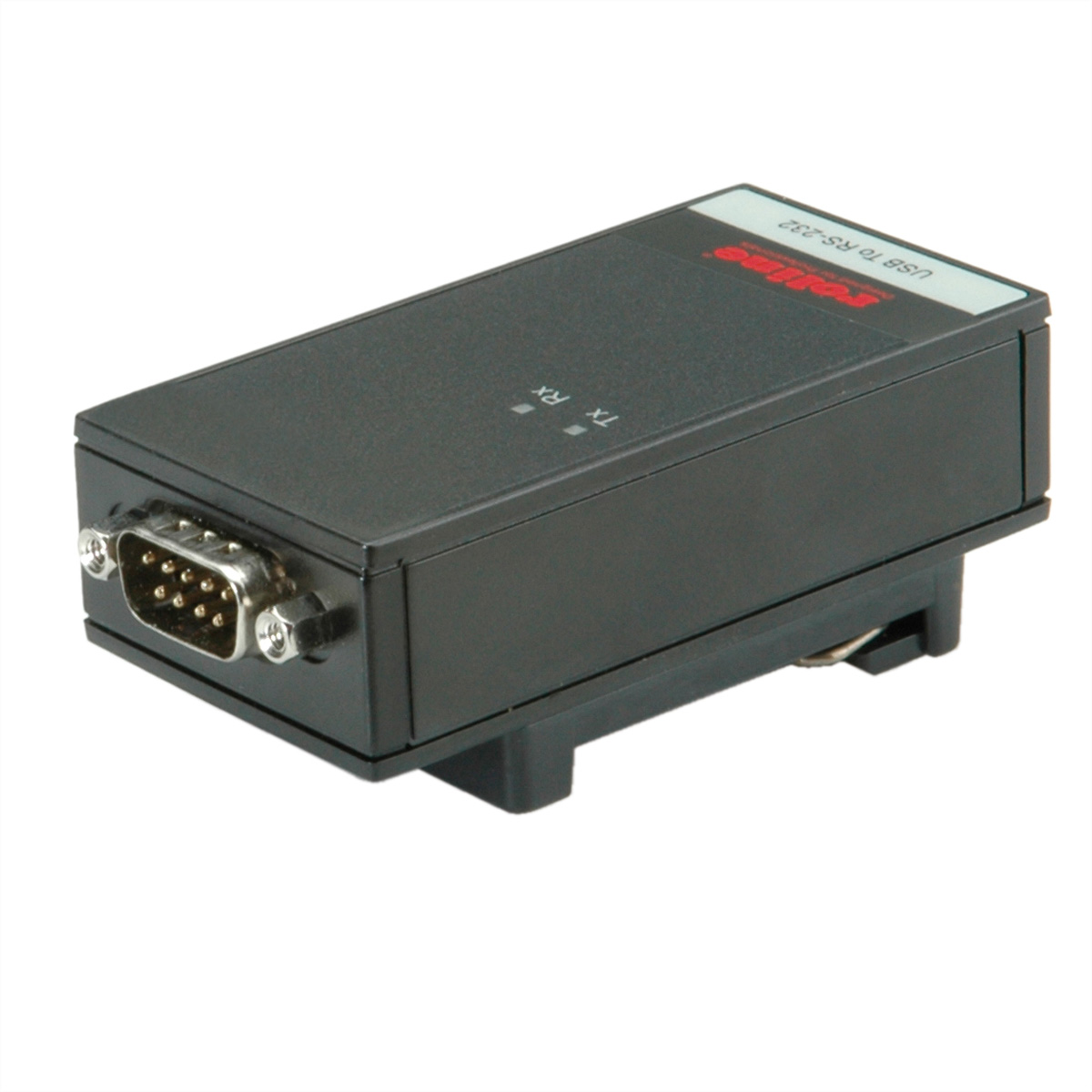 Black USB to RS-232 adapter with a DB9 connector on a white surface.