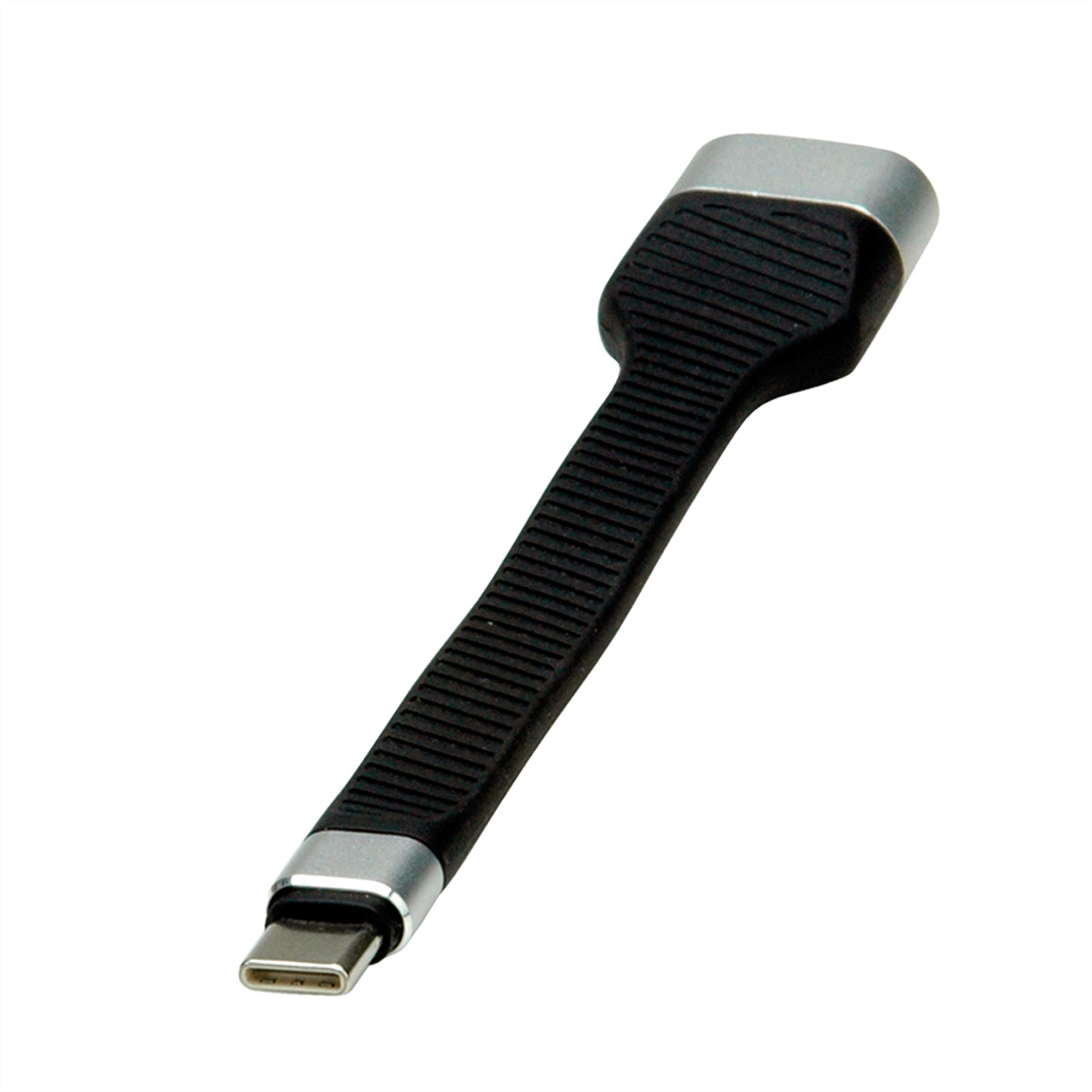 Zwarte en zilveren USB-C-adapter. Het heeft een geribbeld gripgebied.