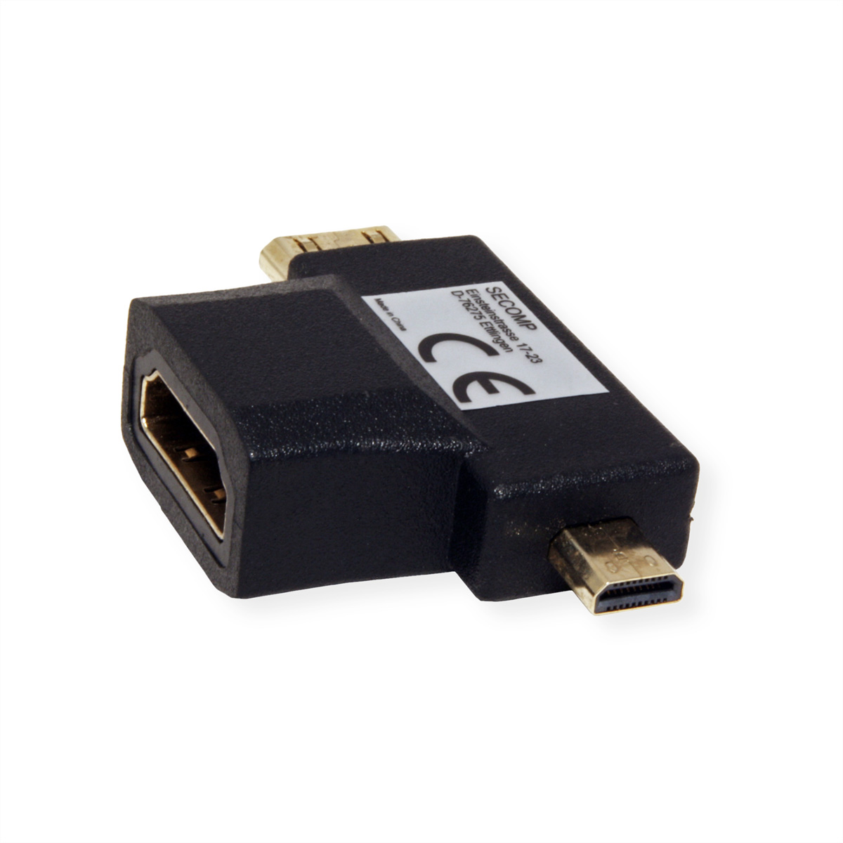 Schwarzer HDMI-zu-Micro-USB-Adapter mit weißem Etikett, schräg vor weißem Hintergrund.